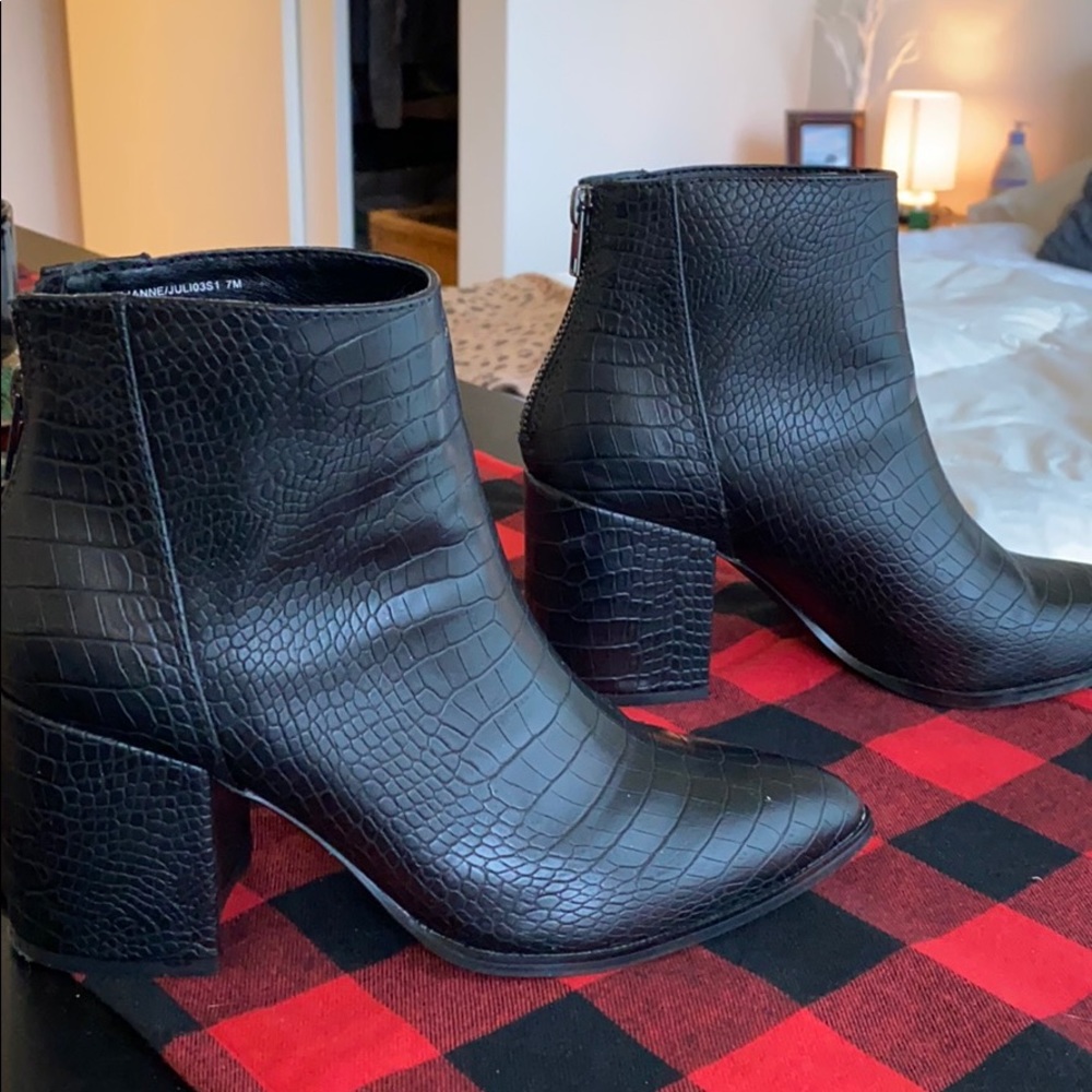 Embossed block heal snakeskin boot